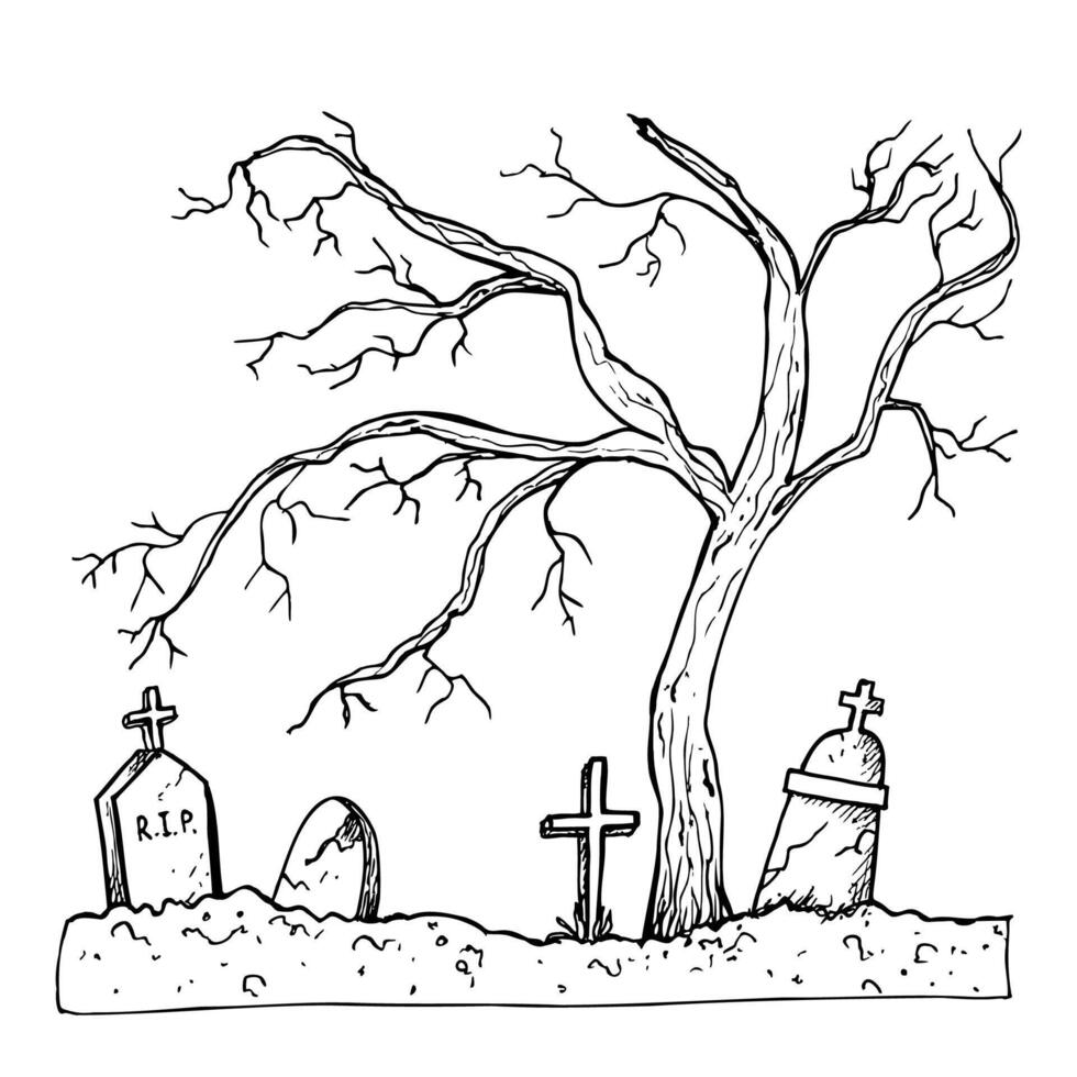 old abandoned cemetery. Hand painted linear autumn tree illustration. Graphic monochrome tombstone art for tattoo, symbol of death, halloween, horror. Isolated on background. For designers, The vector