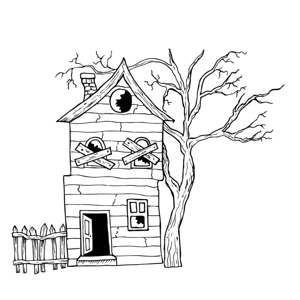 Halloween haunted house. hand painted linear ghost castles, monster silhouette illustration. Mystical graphic monochrome spooky and horror home isolated on background. For designers, The day of vector