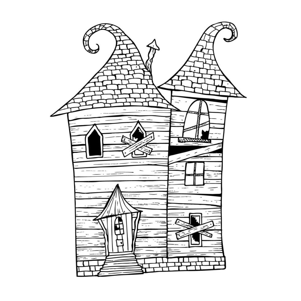Halloween haunted house. hand painted linear ghost castles, monster silhouette illustration. Mystical graphic monochrome spooky and horror home isolated on background. For designers, The day of vector