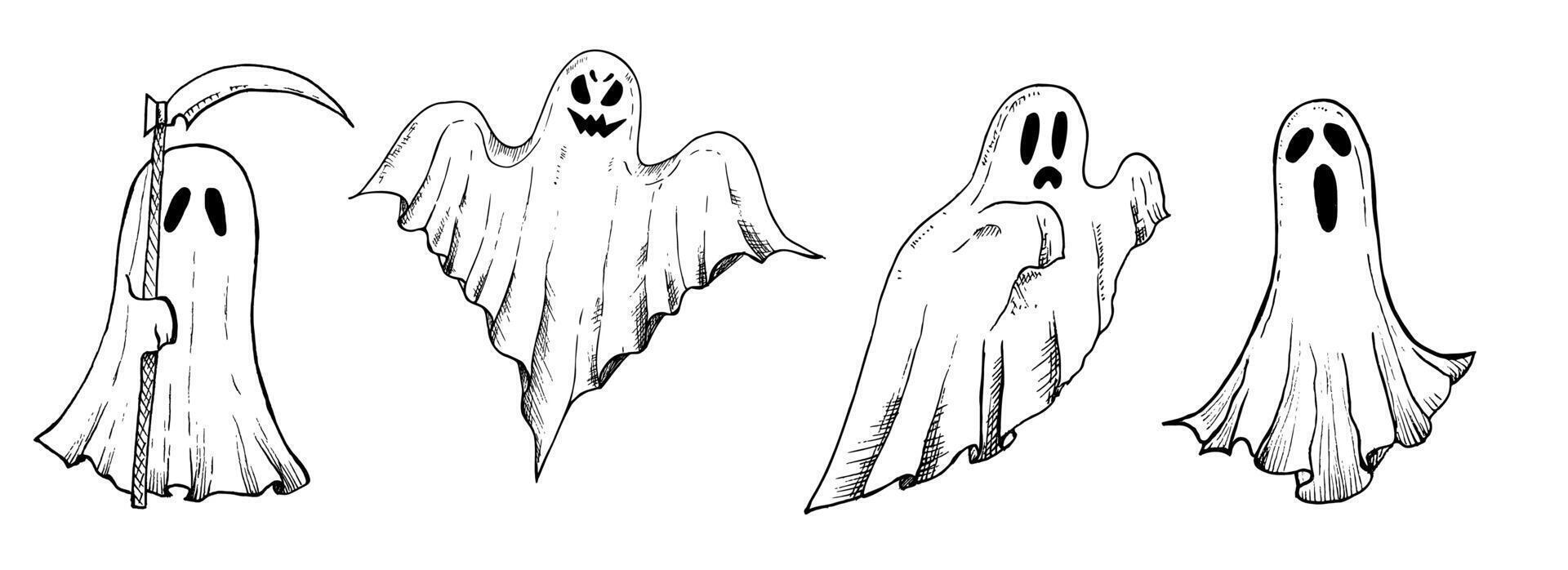 halloween scary ghost. Hand painted linear phantom silhouette illustration. Graphic monochrome spooky monster for tattoo, magical hand painting for holiday, horror. Isolated on background. For vector