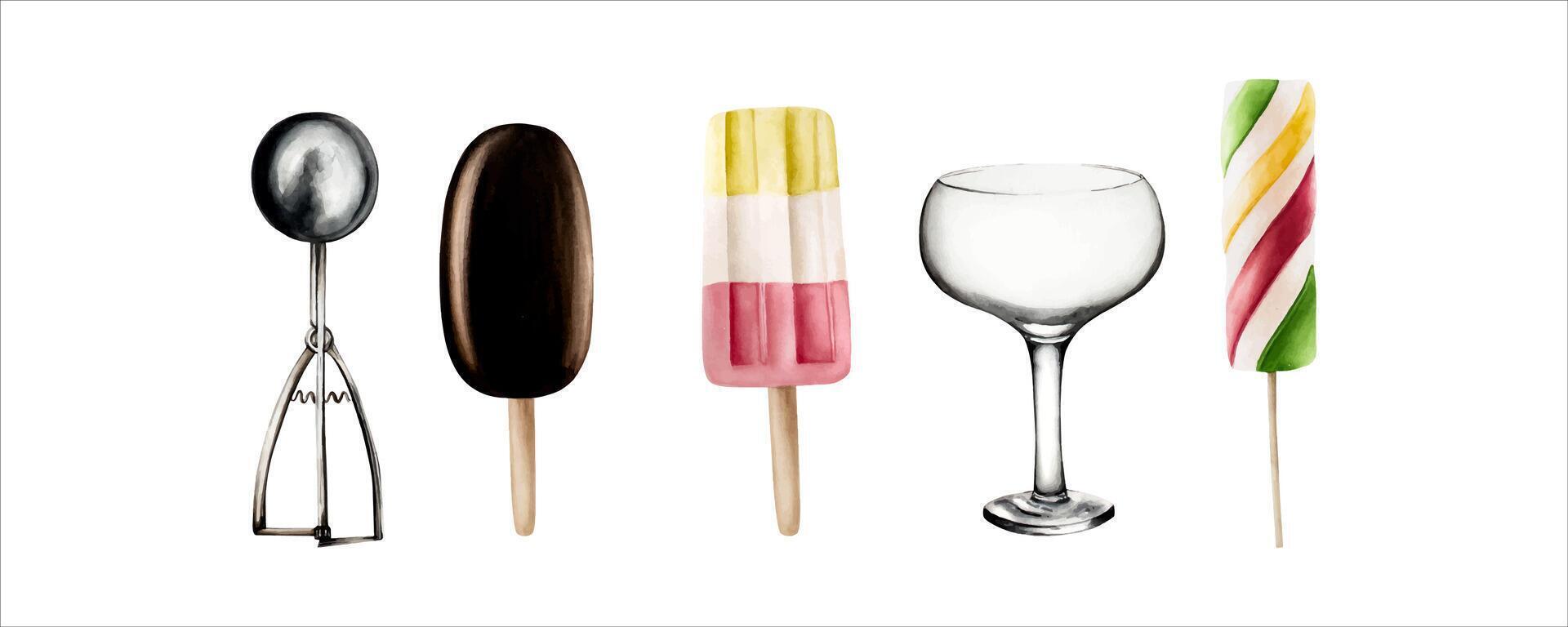 Set of silver scoop spoon, Glass bowl for ice cream, lolly with strawberry, mint, vanilla, raspberry, chocolate glaze. Hand painting fruit popsicle watercolor illustration isolated on background. vector