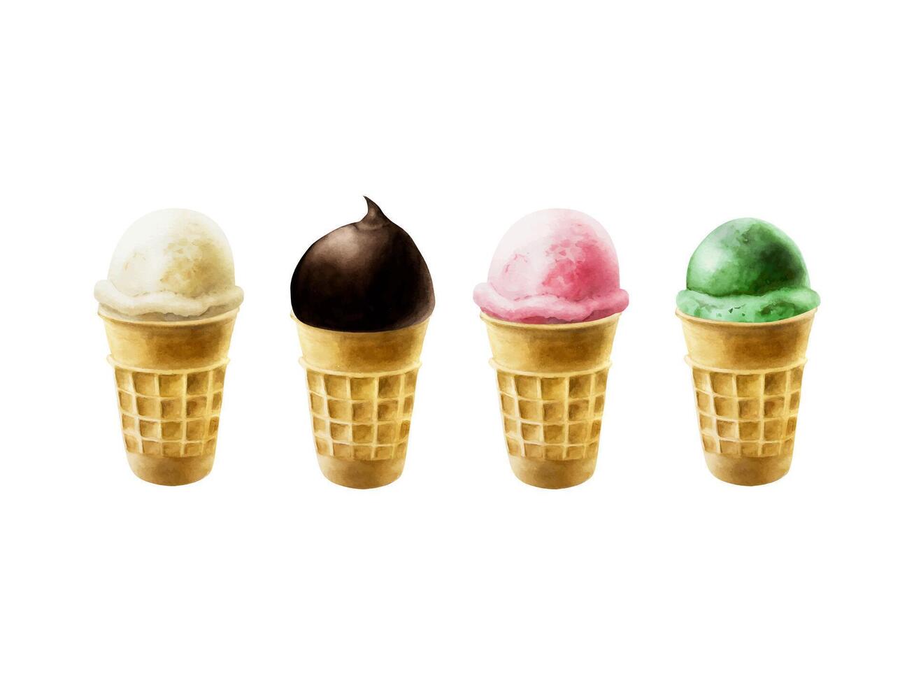 Set of ice creams with strawberry, raspberry, mint, pistachio, apple, milk, chocolate, vanilla in crispy waffle cone. Hand painting sweet watercolor illustration isolated on vector