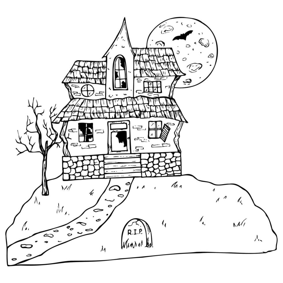 Halloween haunted house. hand painted linear ghost castles at night, monster silhouette illustration. Mystical graphic monochrome spooky and horror bat, moon and grave isolated on background vector