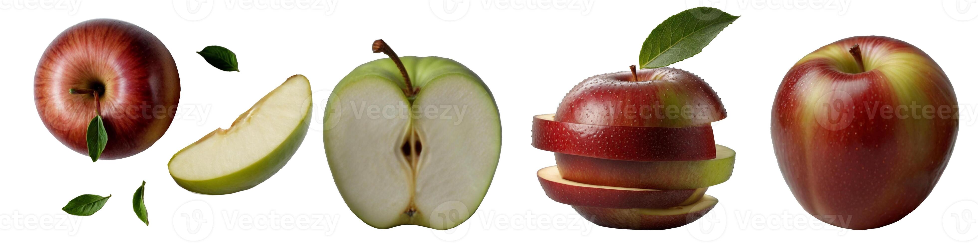 In the image, there is a red apple and a green apple placed on a transparent background, showcasing these fruits vibrant colors and natural freshness photo