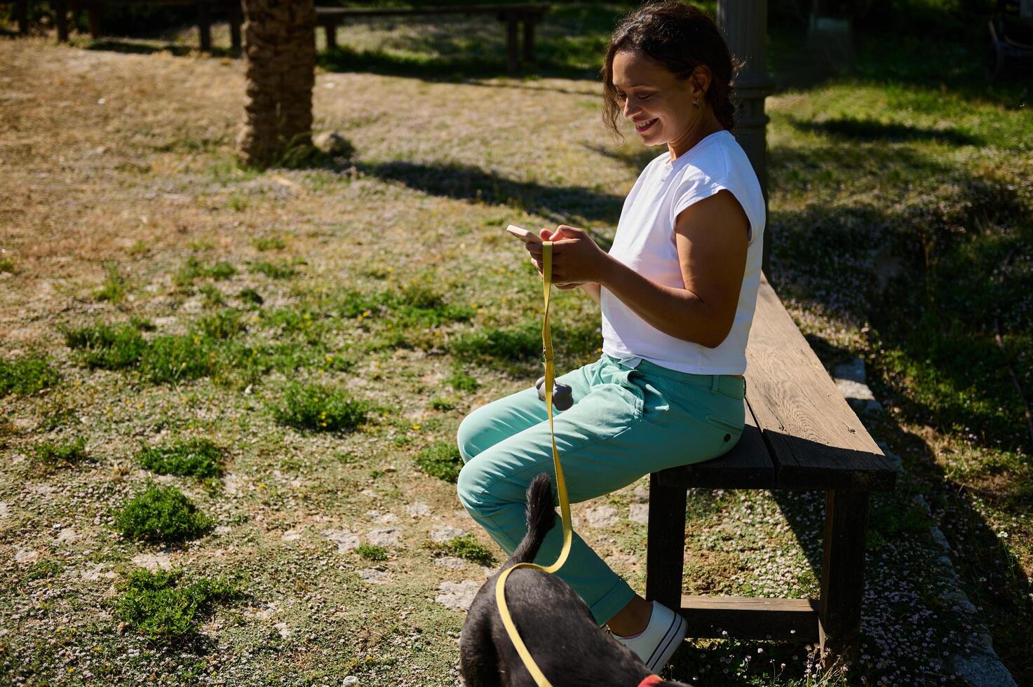Woman enjoying a sunny day at the park with her dog, texting on her smartphone while sitting on a bench photo