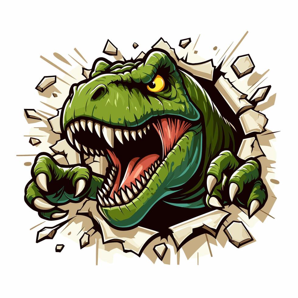 hand drawn t-rex roars out from torn paper illlustration vector