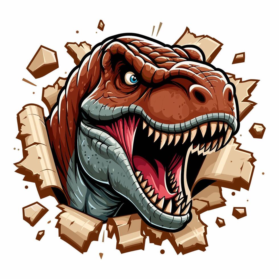 hand drawn t-rex roars out from torn paper illlustration vector