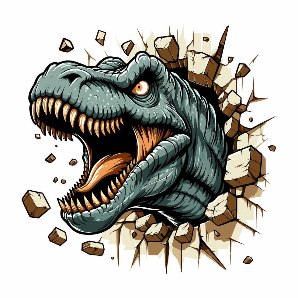 hand drawn t-rex roars out from the wall illlustration vector