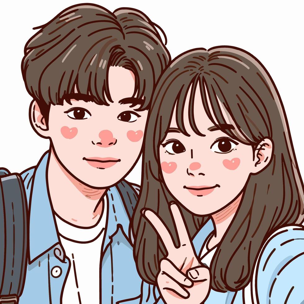 Anime couple standing and holding arms illustration, Couple with white background, Cute couple clip art, Korean couple looking happy and smiling vector