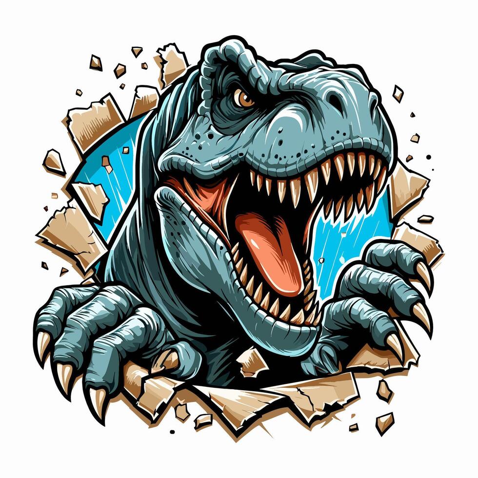 hand drawn t-rex roars out from torn paper illlustration vector