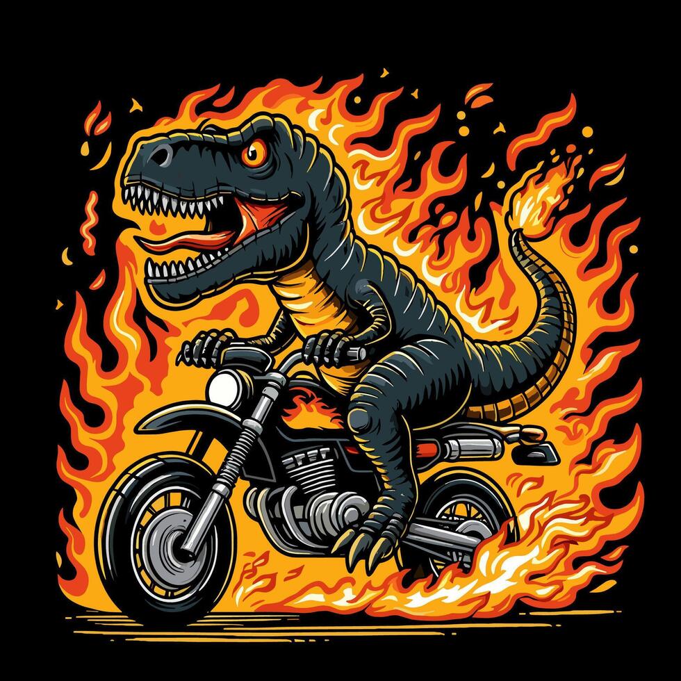 tyrannosaurus rex riding a cross motorbike on fire vector