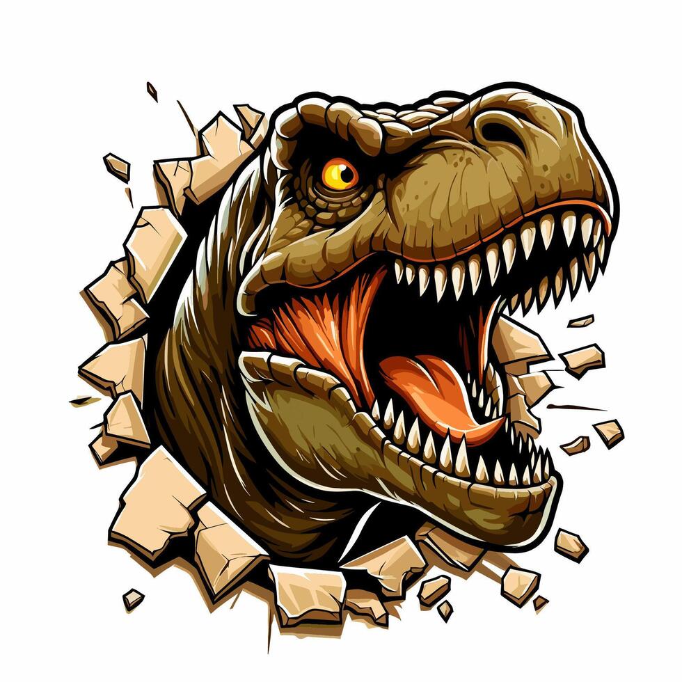 hand drawn t-rex roars out from the wall illlustration vector