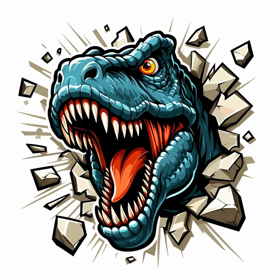 hand drawn t-rex roars out from the wall illlustration vector