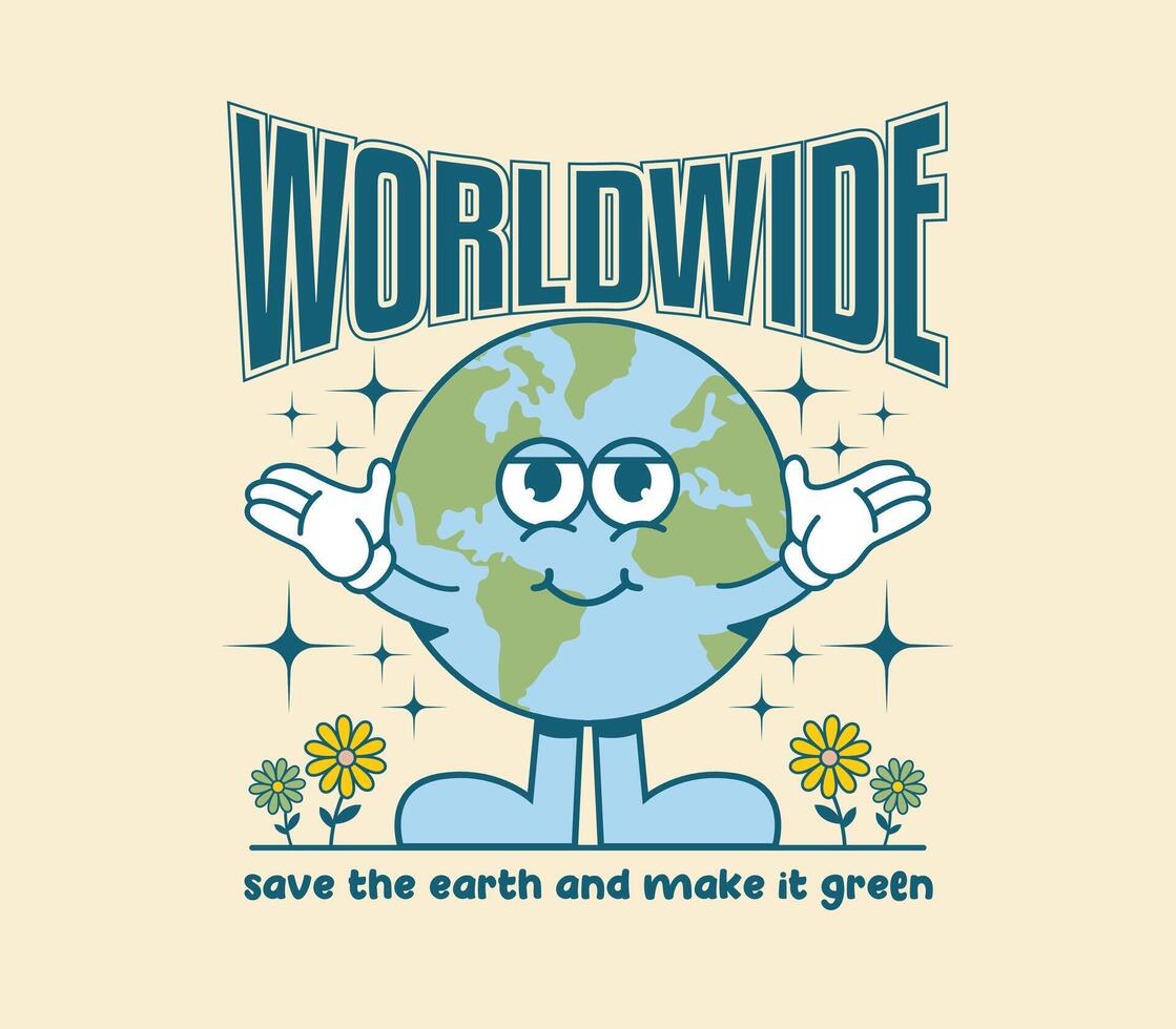 Funny cartoon character of Earth. Can be used as Sticker, posters, prints. groovy and trendy retro cartoon style. vector