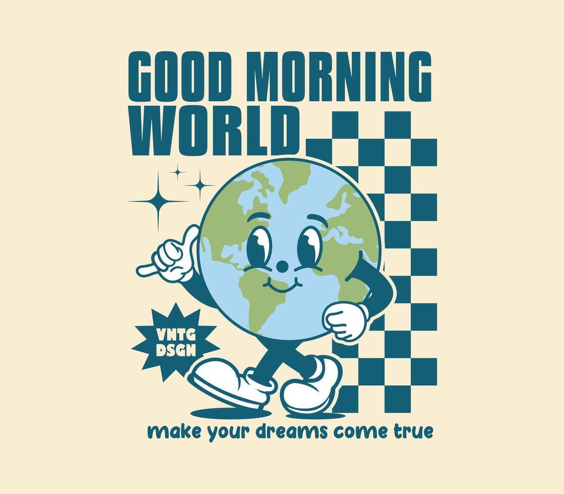 Retro poster with funny and groovy earth cartoon character walking. Can be used as Sticker, posters, prints and t shirt design. Vintage cartoon style. vector