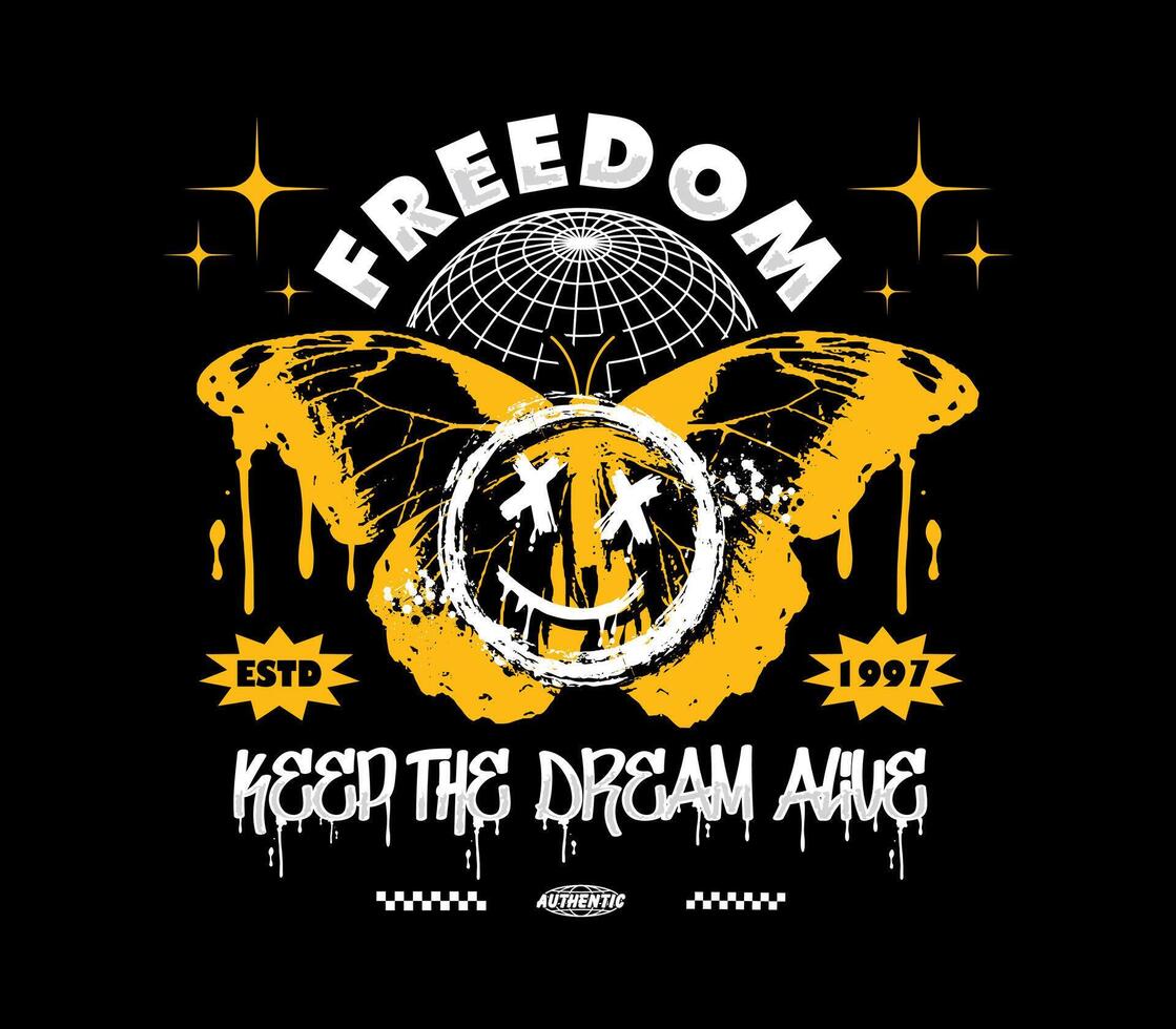 freedom slogan modern abstract poster butterfly with smile face In Y2K style, stylish print for streetwear, print for t-shirts and hoodies, isolated on black background vector