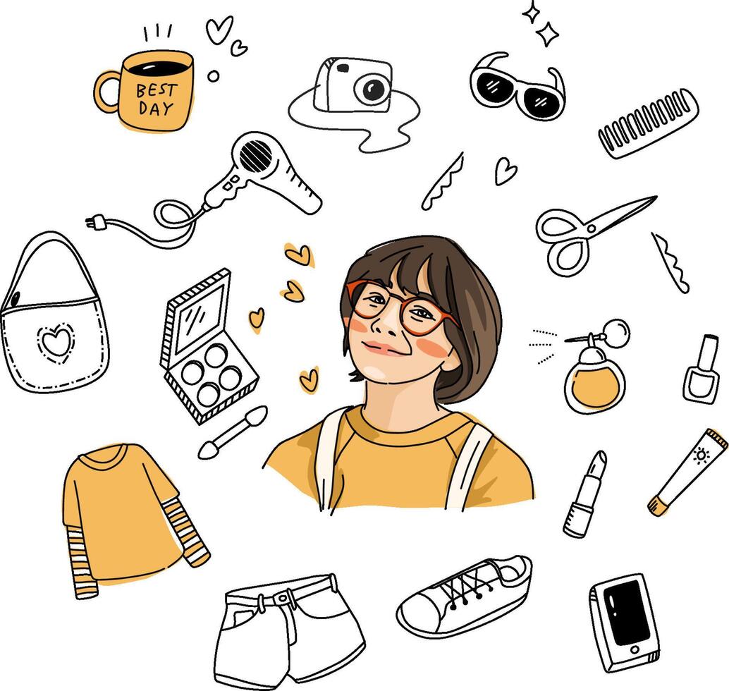 Yellow Girl doodle item with accesories vector