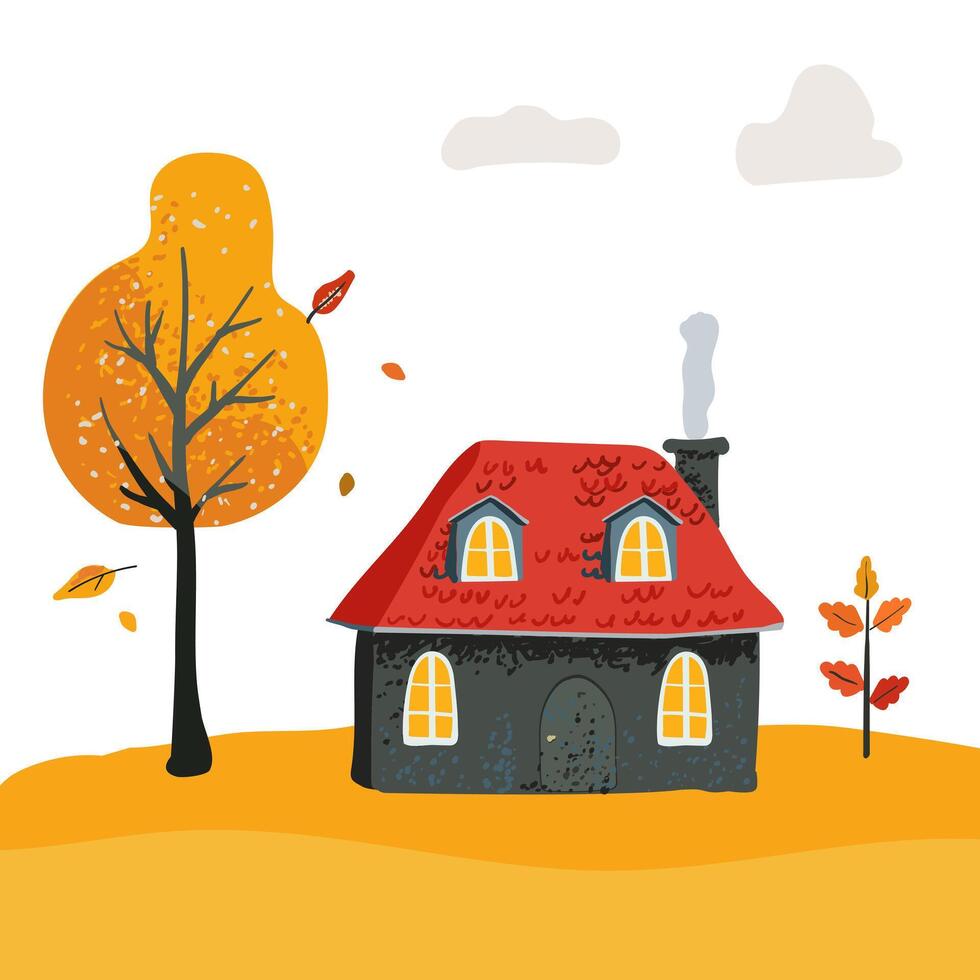 Cartoon magical Village House with a tiled roof. Folk yellow tree and bush. Cute card and poster For children, print textiles vector