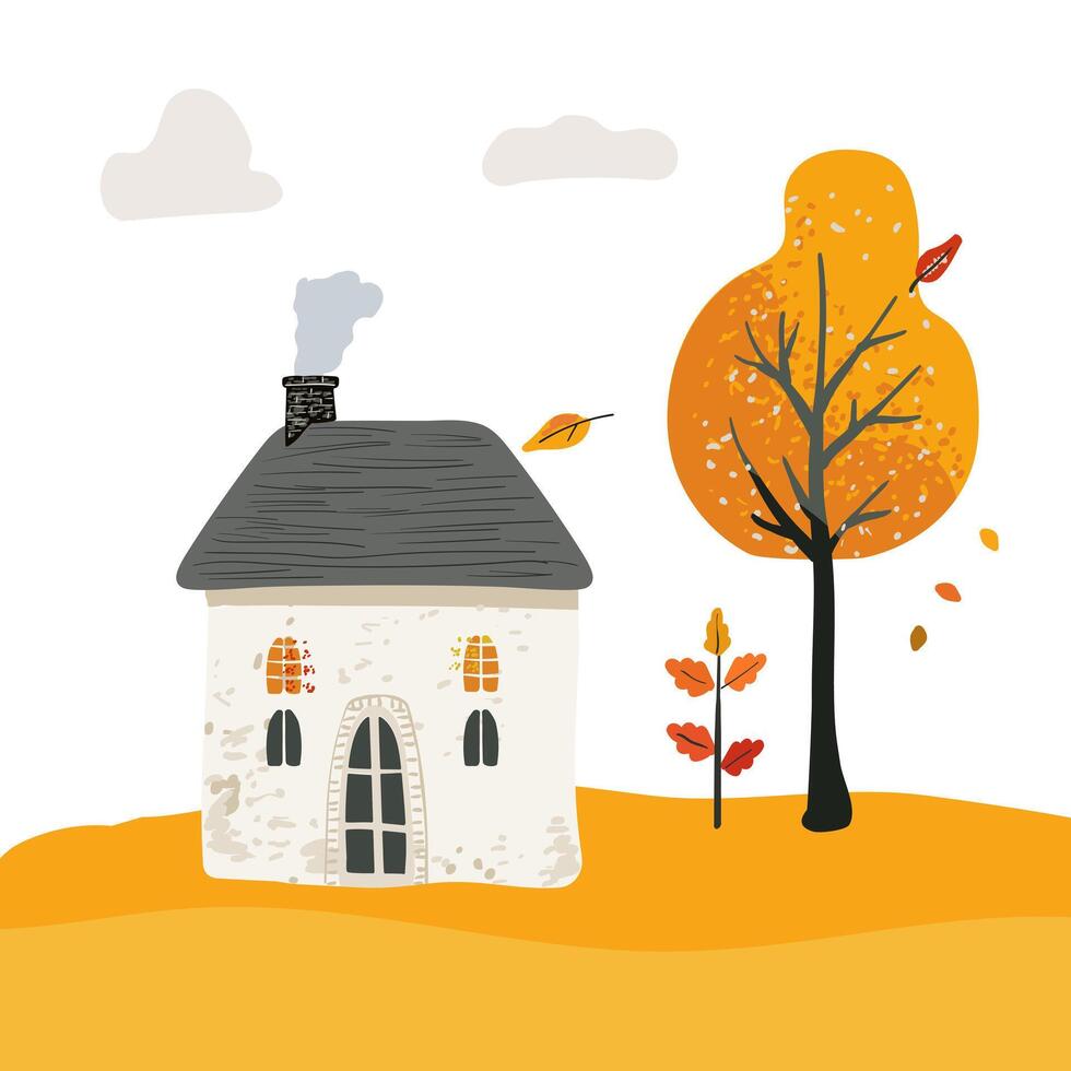 Cartoon magical Village House with a tiled roof. Folk yellow tree and red bush. Cute postcard and poster, for printing on clothing textiles vector