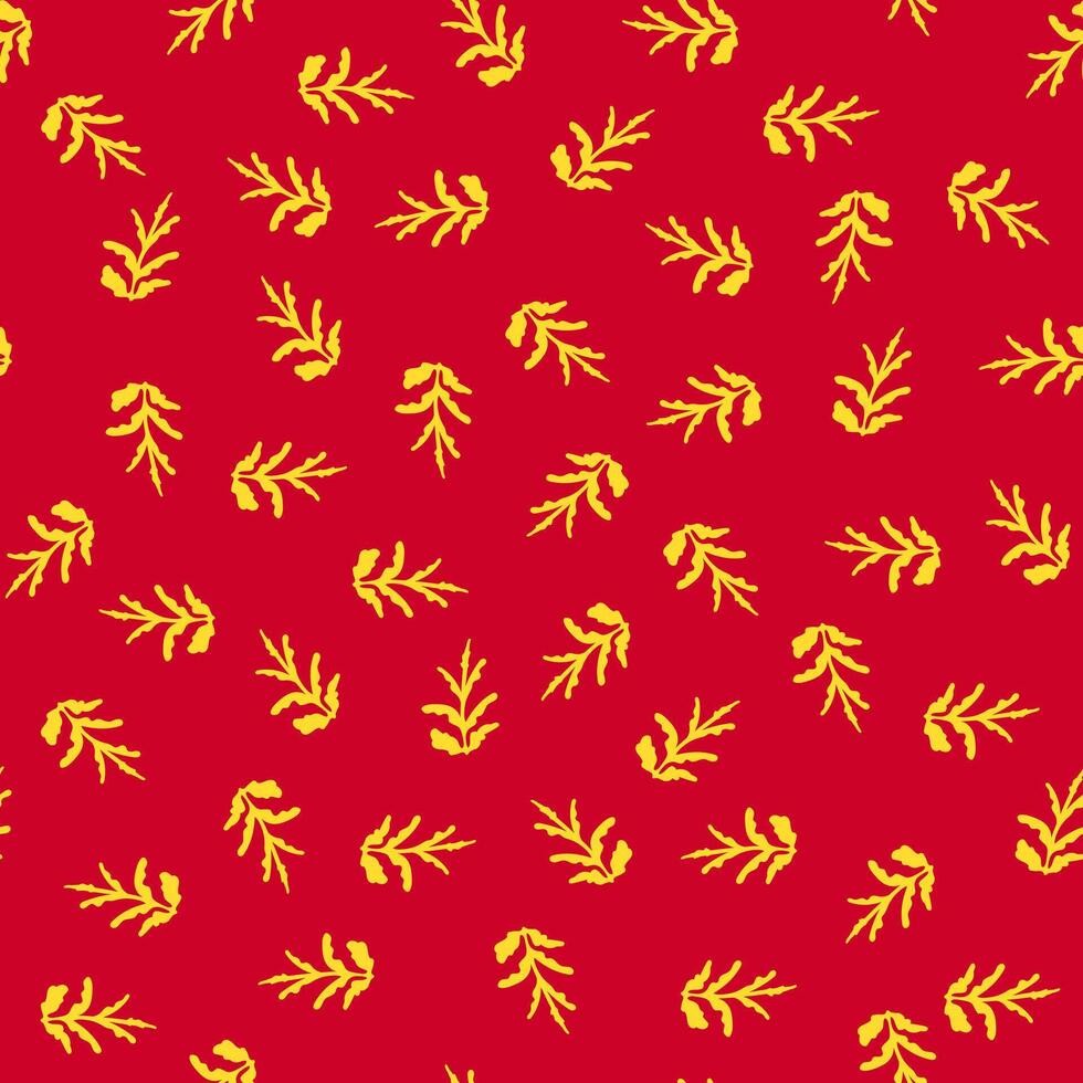 Seamless pattern Golden leaves branches Red scarlet background Spring blossom Simple burgundy ornament template banner poster textile fabric vector