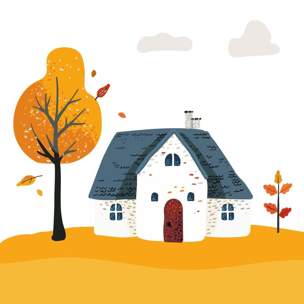 Cartoon Village House with a tiled roof. Folk yellow tree and clouds. Cute card and poster for children print textile vector