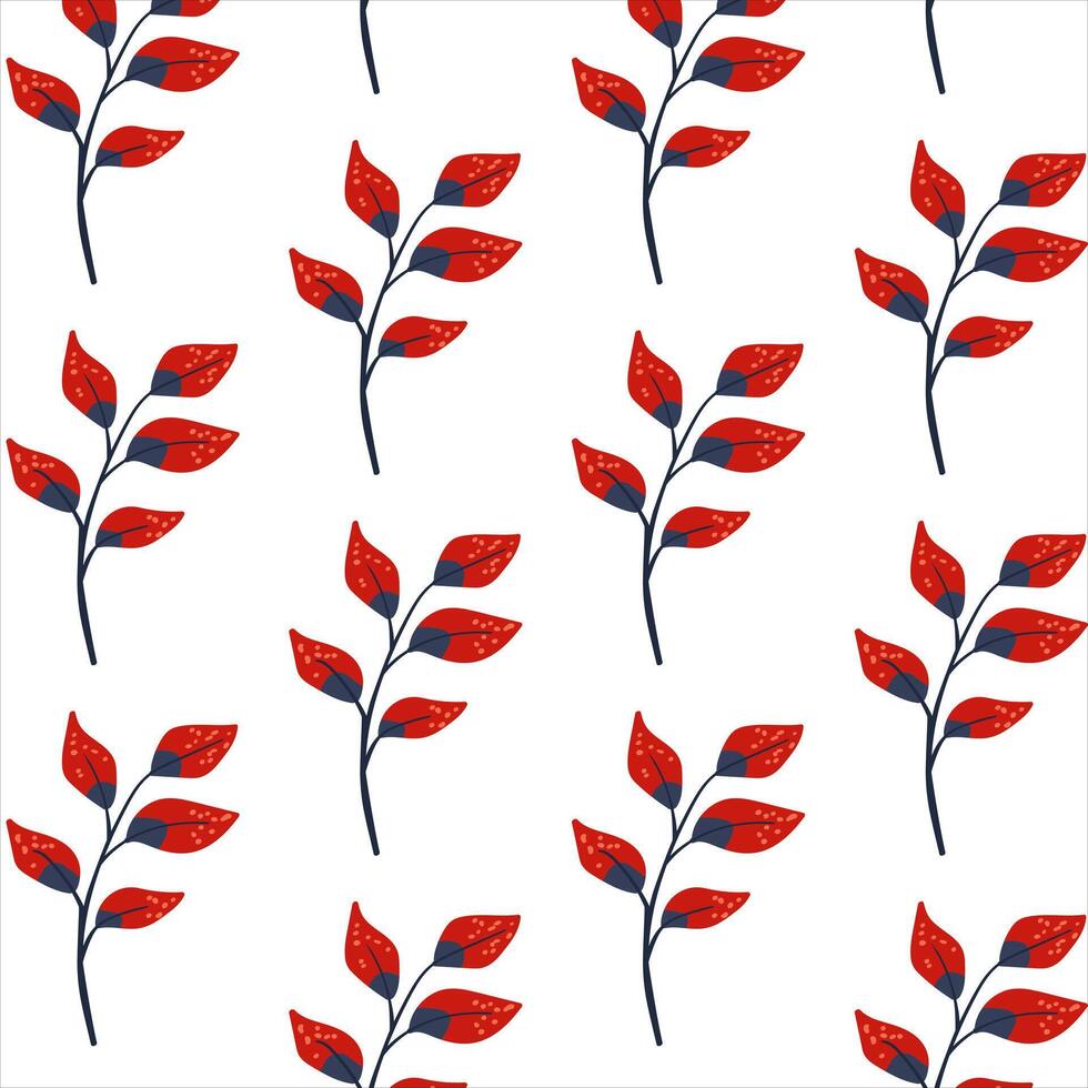 Seamless pattern red branch. Simple Plant. Leaves on a white background. Ornament in Scandinavian style. Hand drown. Flat vector