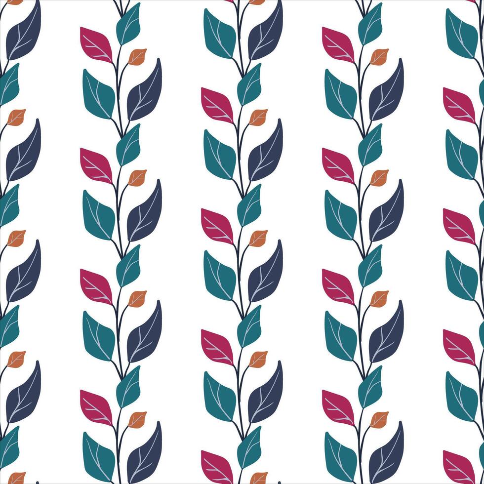 Seamless pattern. Simple Plant. Simple dark turquoise leaves on a branch. White background. Ornament in Scandinavian style. Hand drown. illustration vector
