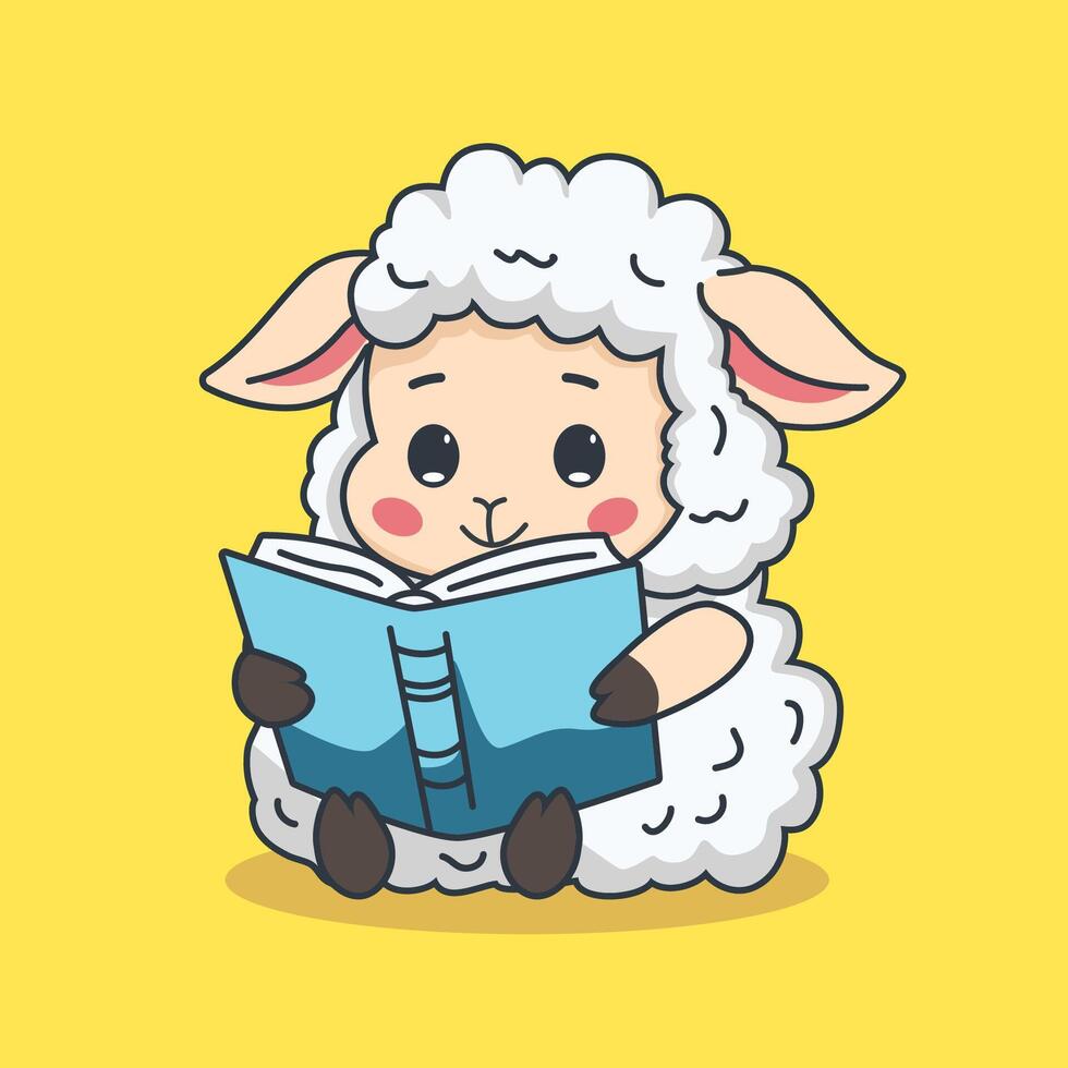 Cute sheep reading book cartoon illustration vector
