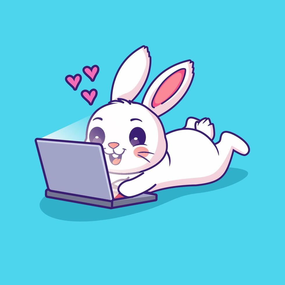 Cute rabbit laying down and watching movie on laptop cartoon illustration vector