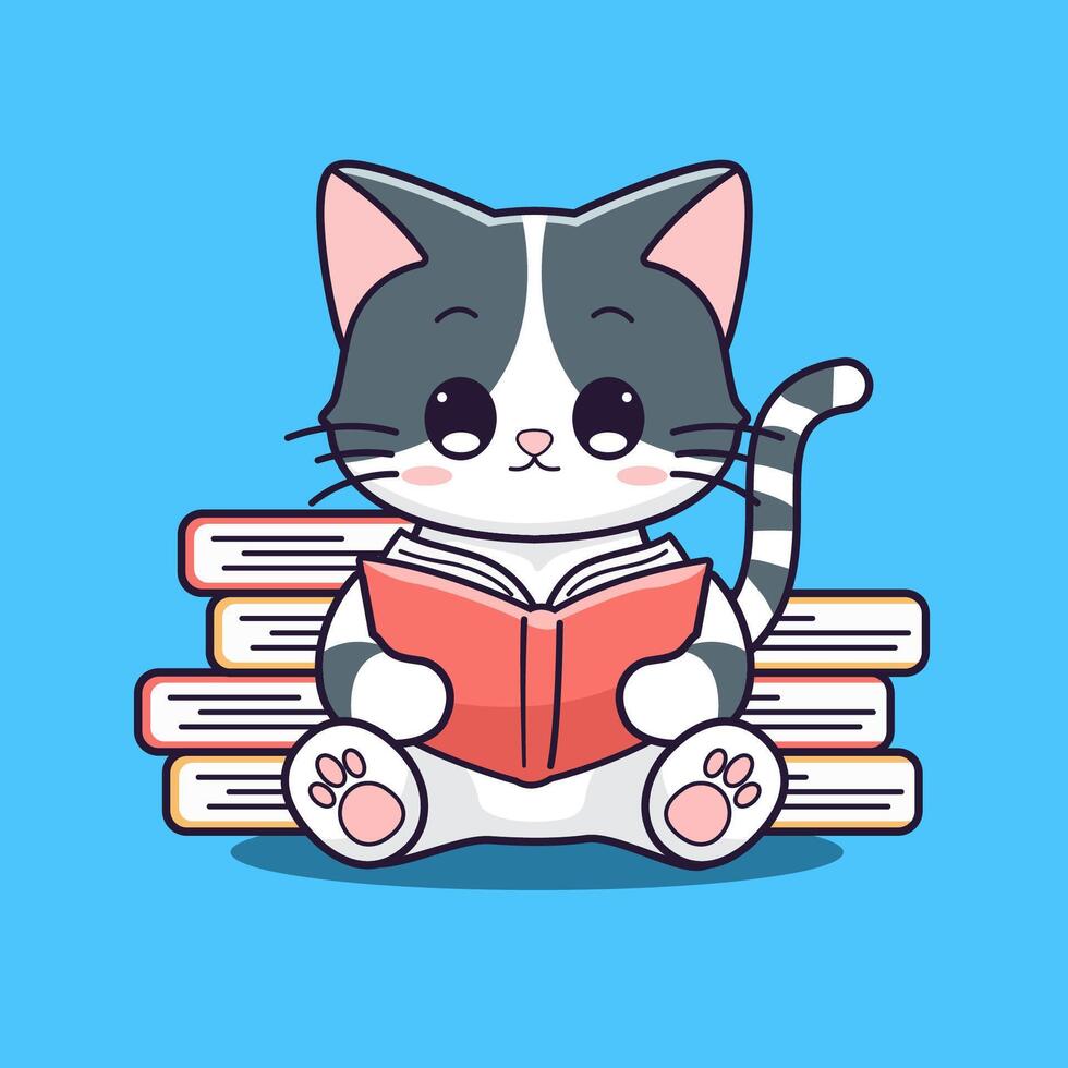 Cute cat reading book cartoon illustration vector