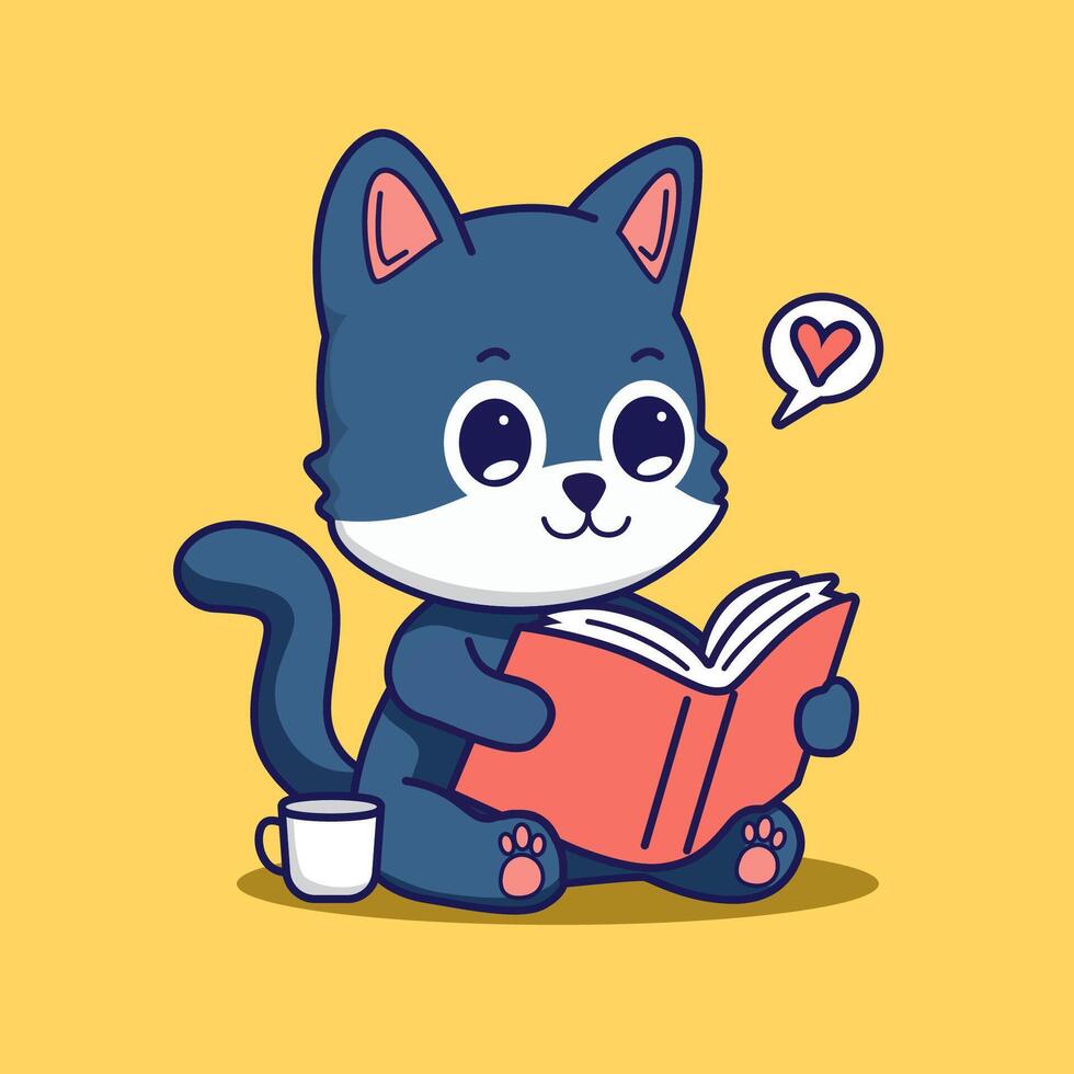 Cute cat reading book cartoon illustration vector