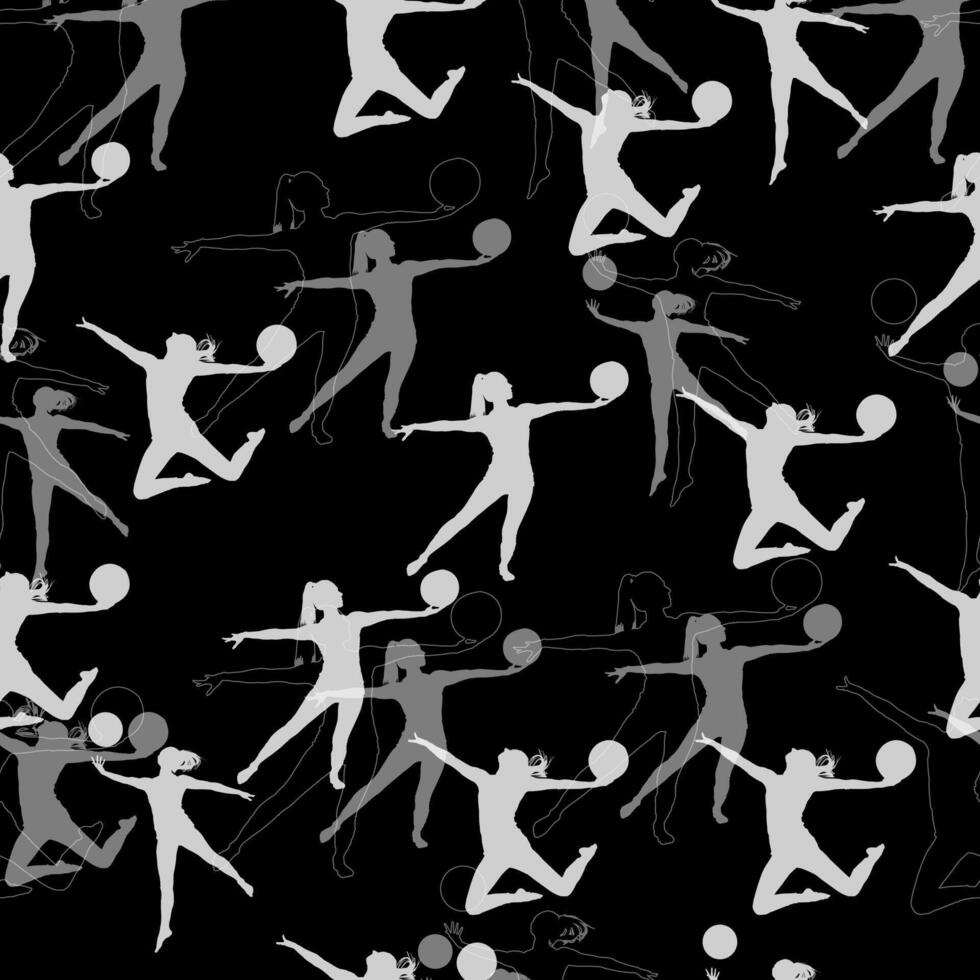 seamless pattern of black and white images of a group of girls playing sports. vector