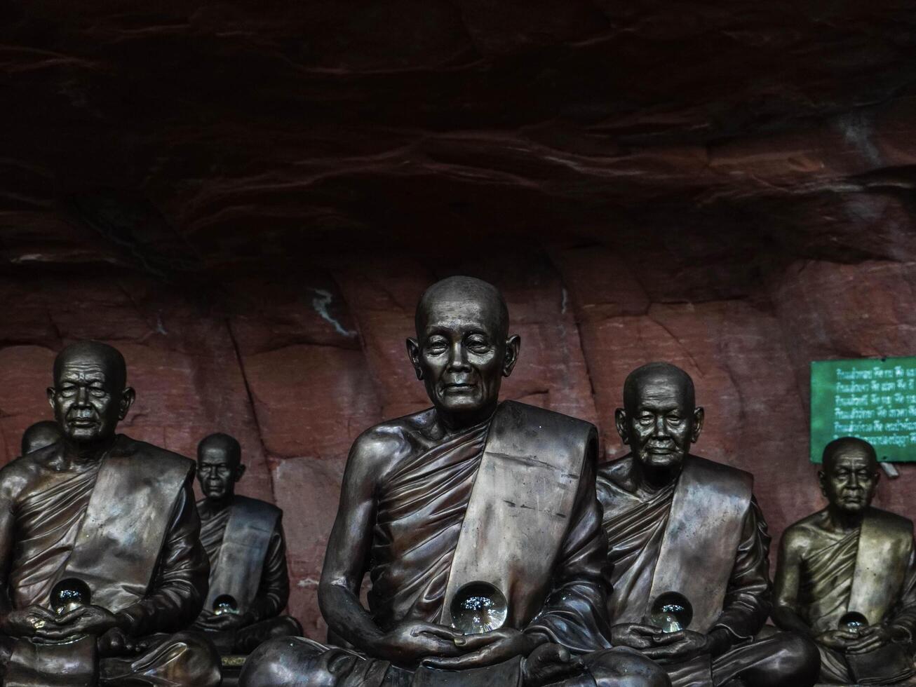 Buddha statues and sculptures at Phu Thok or Wat Chetiyakhiri ,Beautiful mountain landscape with rocky cliffs, Bueng Kan Province, Thailand. photo