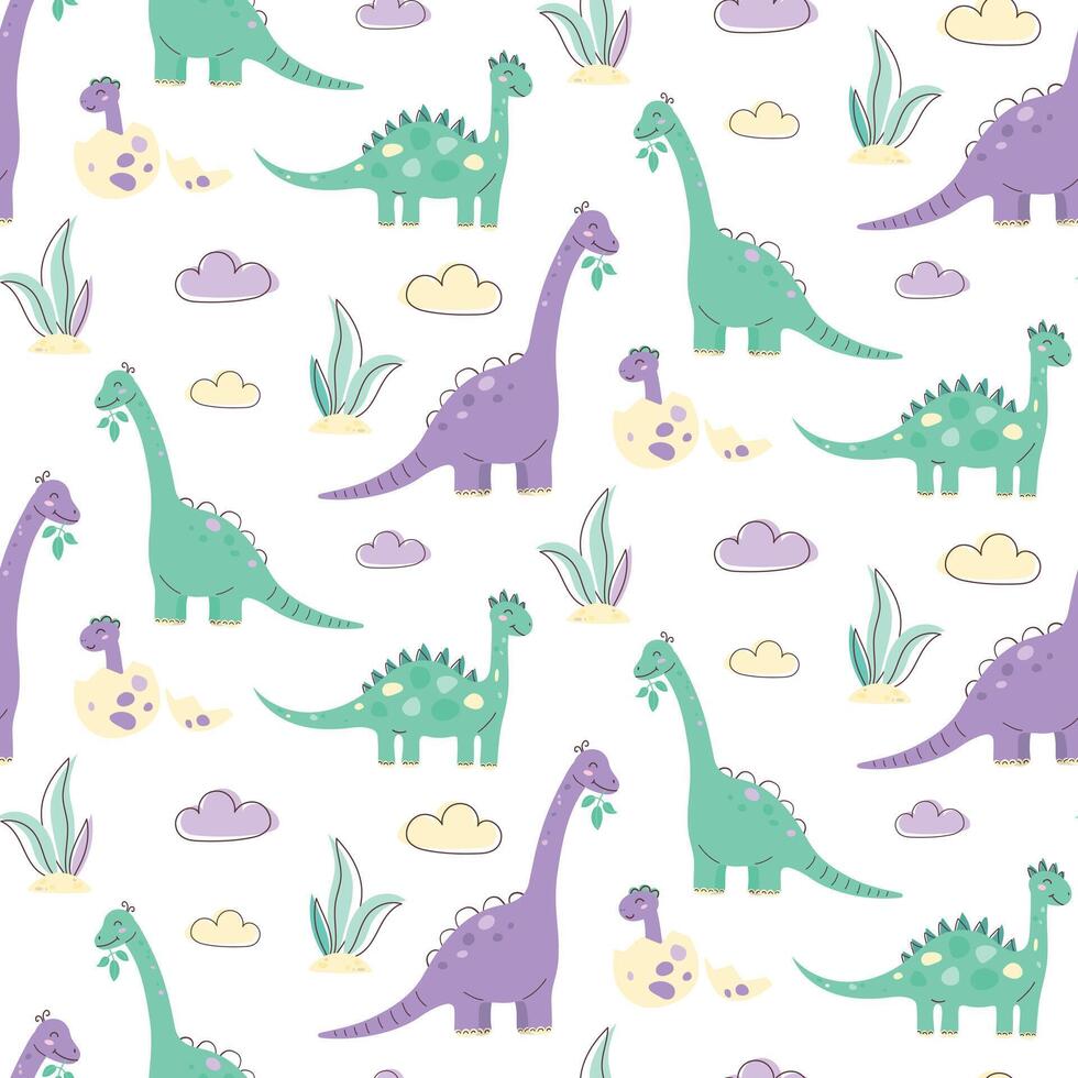 Seamless pattern with cute dinosaurs. Kawaii character. Flat illustration for children vector