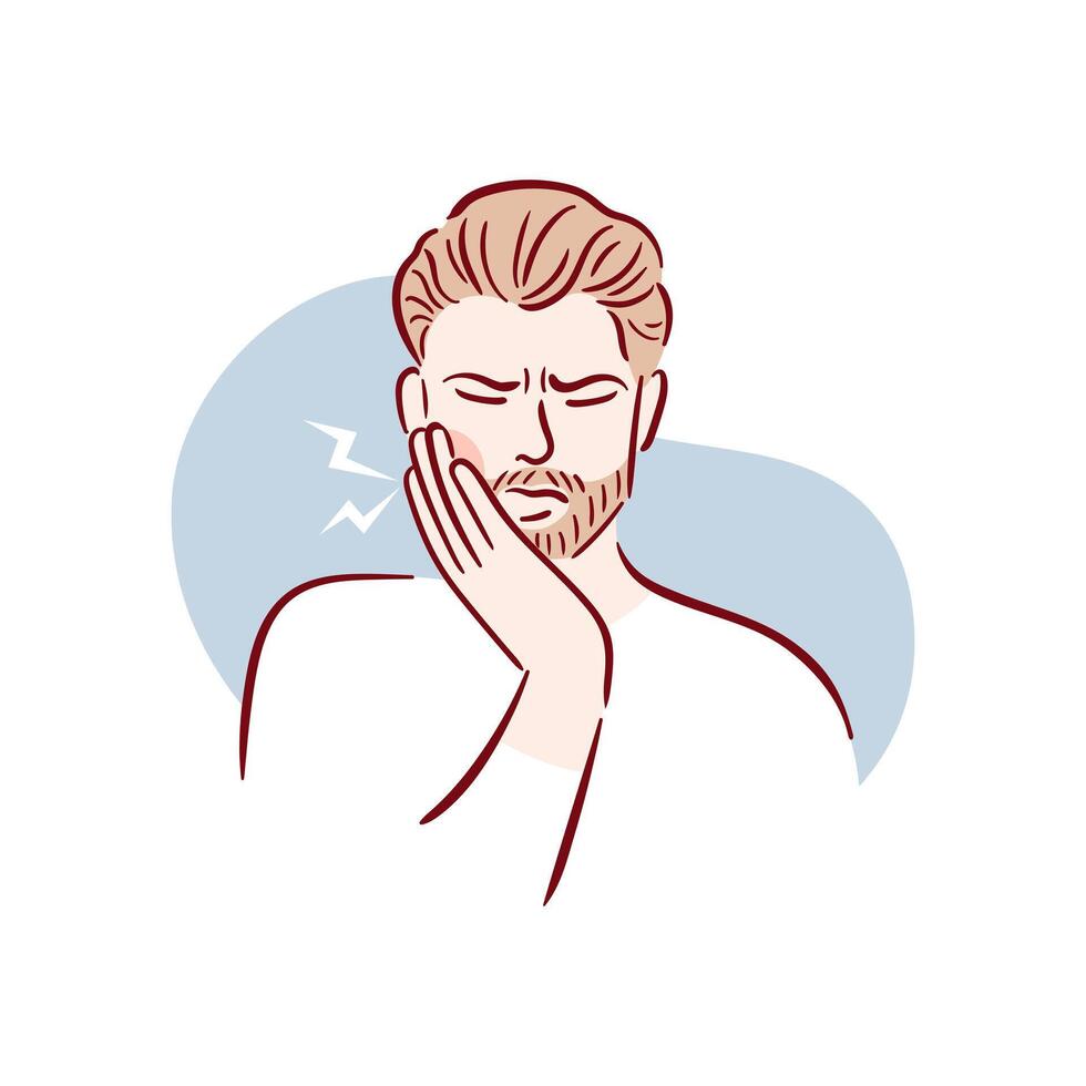 A young man with a beard has a severe toothache. A guy with bad teeth grabs his cheek. Acute pain. Pulpitis, caries. Hand drawn illustration in sketch style. vector