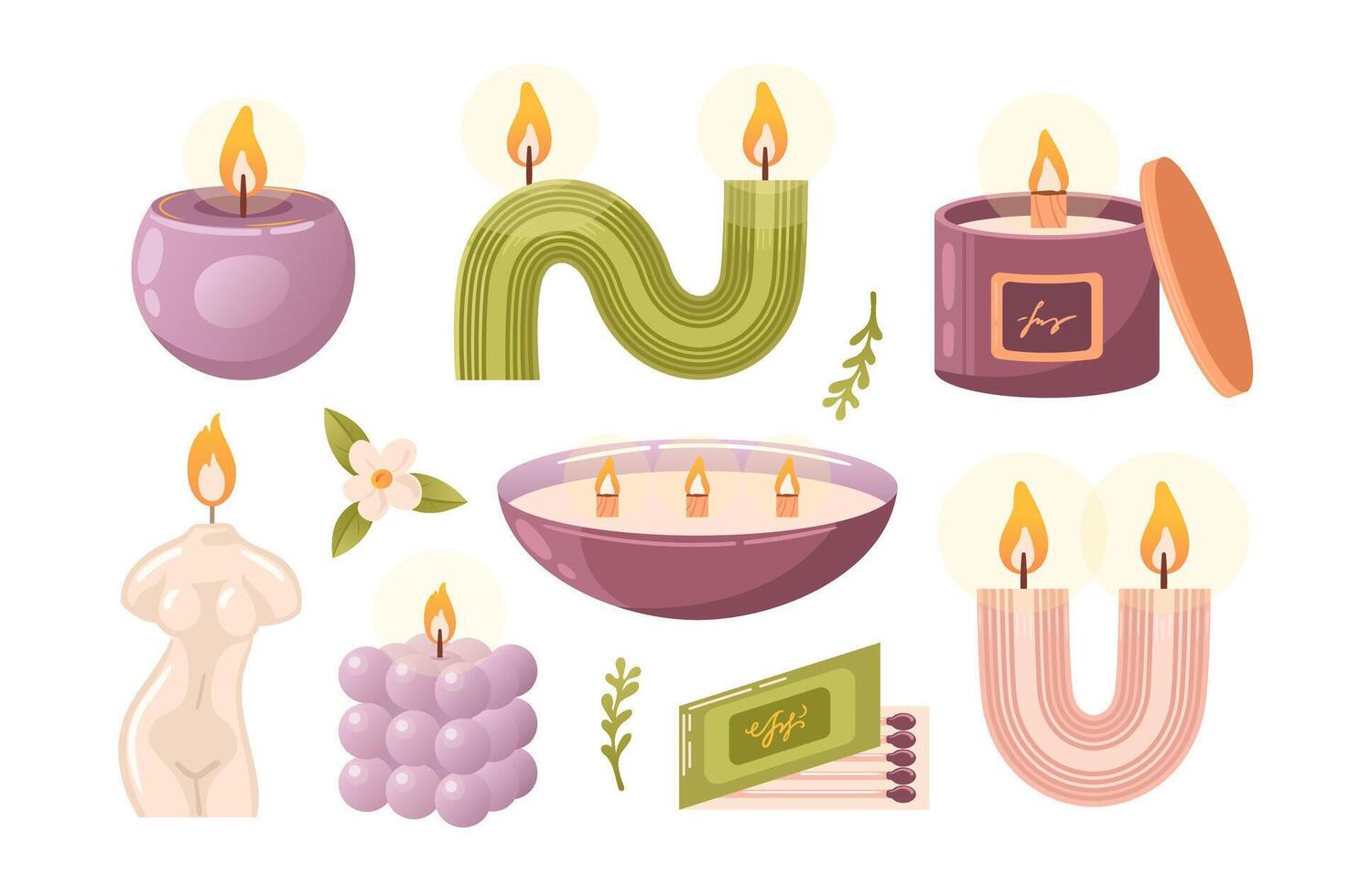 A set of aromatic burning soy candles. In a glass with a wooden wick, a curved, bubble, female body. Aromatherapy, relaxation. Small business, handmade. Hand drawn flat illustration. Matchbox. vector