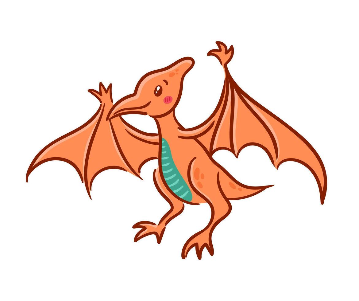 Cute pterosaur in Asian kawaii style. Pteronadon, pterodactyl. Dinosaur, prehistoric lizard, mascot. Cartoon character Funny illustration for stickers, logo, mascot, isolated elements vector