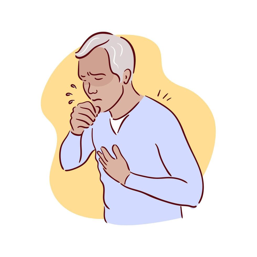An elderly black man coughs. Disease, covid. unhealthy, Sickness, man unwell and coughing, have cold, sore throat suffering with symptom cough feeling bad. Hand drawn illustrations sketch style vector