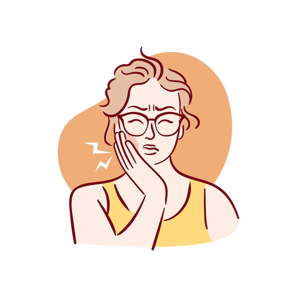 Young woman having painful toothache. A girl in glasses with bad teeth clutches her cheek. Increased sensitivity. Hand drawn illustration in sketch style. vector
