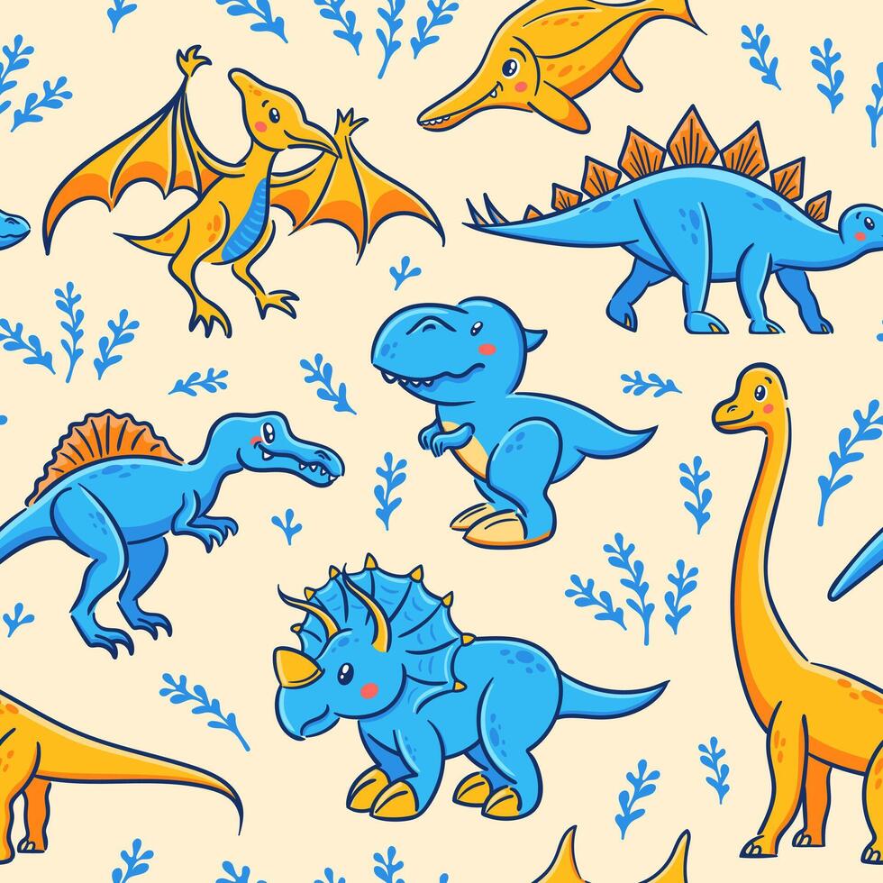 Seamless pattern of cute dinosaurs in Asian kawaii style. Tyrannosaurus rex, stegosaurus, triceratops, pterosaur, spinosaurus, ichthyosaur, diplodocus. Prehistoric predatory lizard for wrapping vector