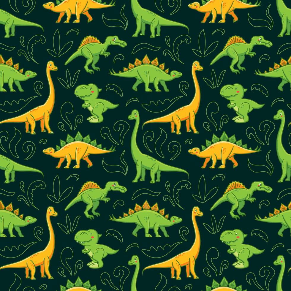Seamless pattern of cute dinosaurs in Asian kawaii style. Tyrannosaurus rex, stegosaurus, triceratops, spinosaurus, ichthyosaur, diplodocus. Prehistoric predatory lizard for wrapping vector