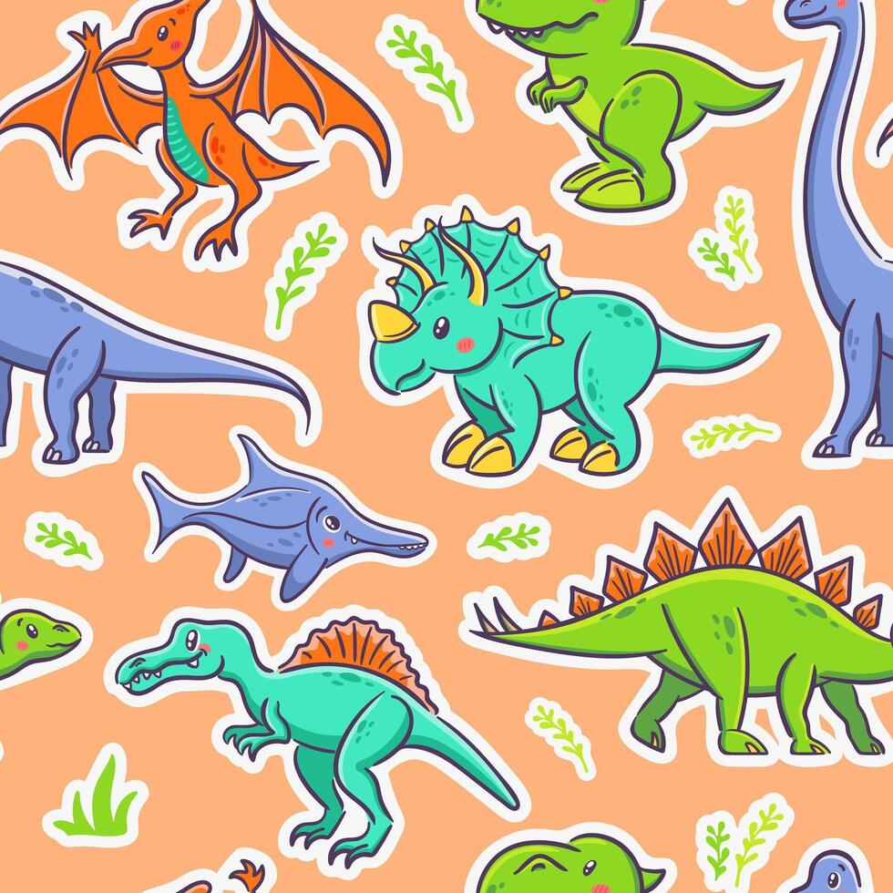 Seamless pattern of cute dinosaurs in Asian kawaii style. Tyrannosaurus rex, stegosaurus, triceratops, pterosaur, spinosaurus, ichthyosaur, diplodocus. Prehistoric predatory lizard for wrapping vector