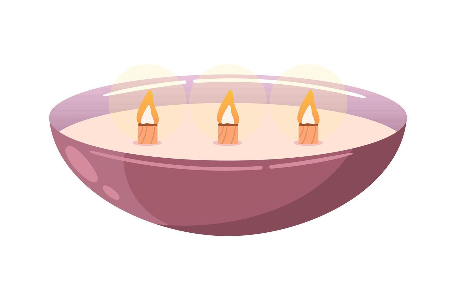 Scented burning soy candle in a bowl with a three wooden wick. Hygge, boho style, creating coziness, interior design. Aromatherapy, wellness, relaxation. Small business, handmade. vector
