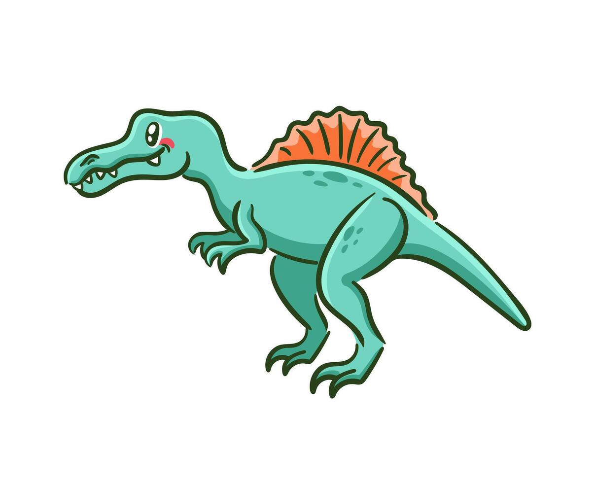 Cute spinosaurus in Asian kawaii style. Dinosaur, prehistoric predatory lizard, mascot. Cartoon character Funny illustration for stickers, logo, mascot, isolated elements vector