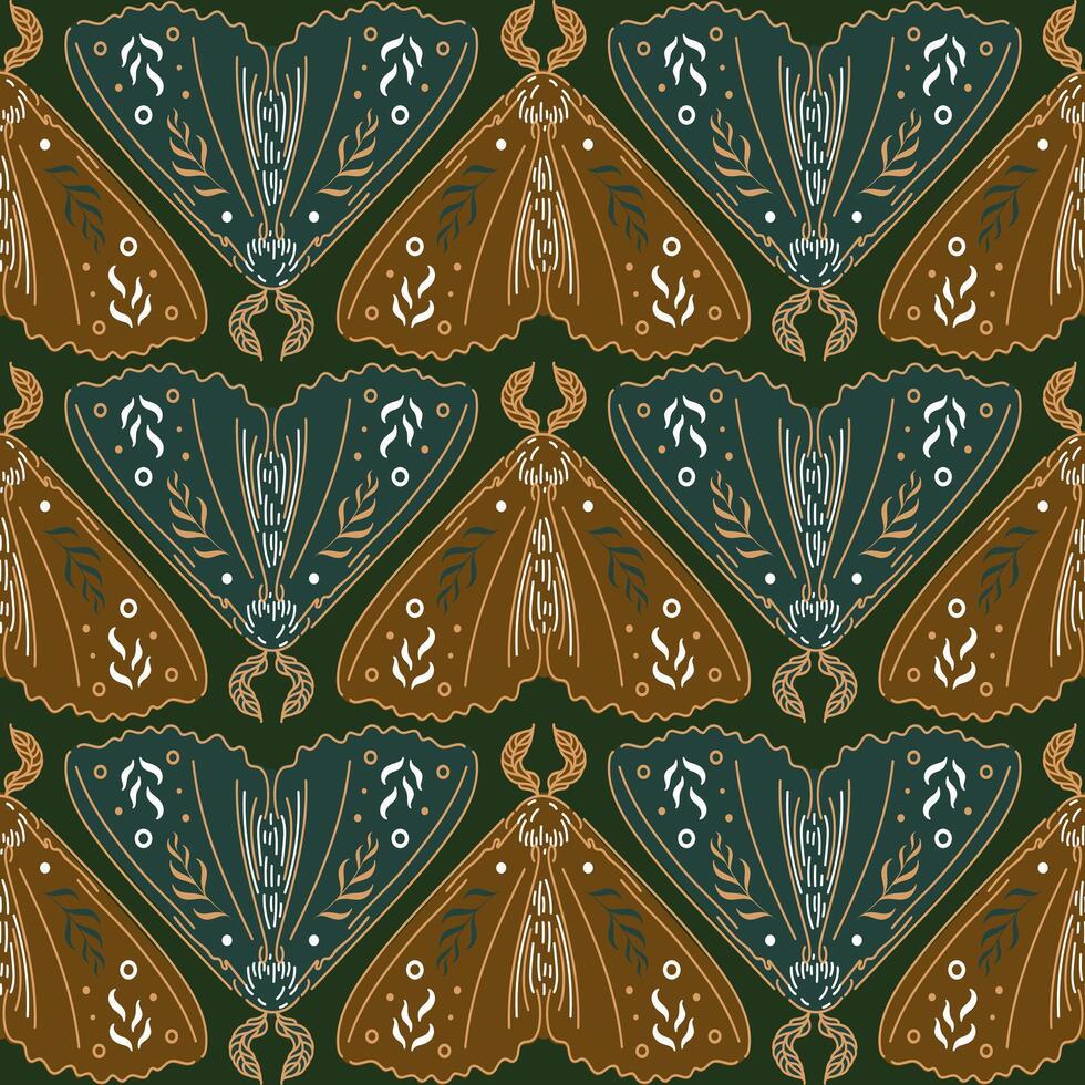 Moth, Elegant celestial seamless pattern with ferns. Boho magic background with butterflies. Halloween, witch, witchcraft, astrology, mysticism. For wallpaper, fabric, background. vector