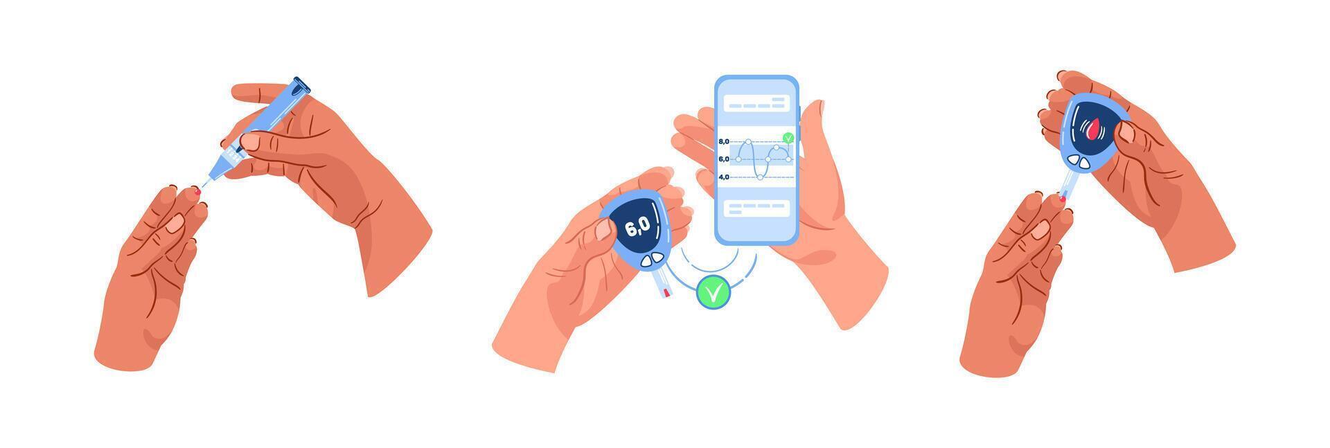 World Diabetes Day. measuring blood glucose levels, pricking a finger with a lancet, a drop of blood, glucometer, application on the phone. Treatment of hyperglycemia or hypoglycemia, insulin therapy. vector