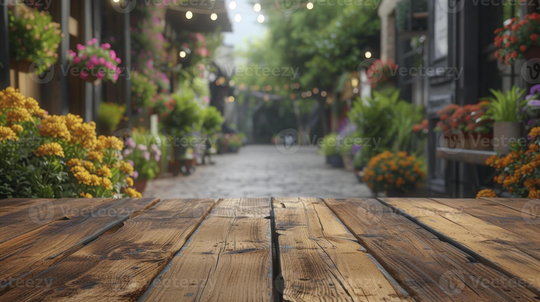Wooden table in front of a blurred background of a flower garden photo