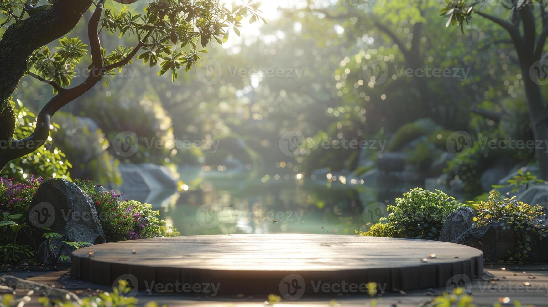 Empty stone table top in the garden photo