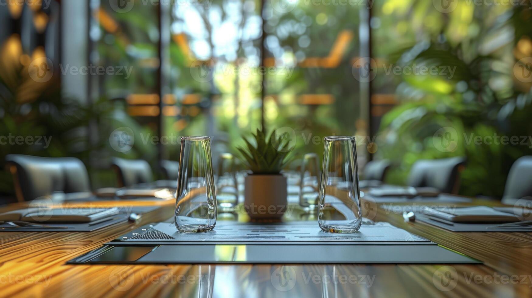 Restaurant table with empty glasses and accessories photo