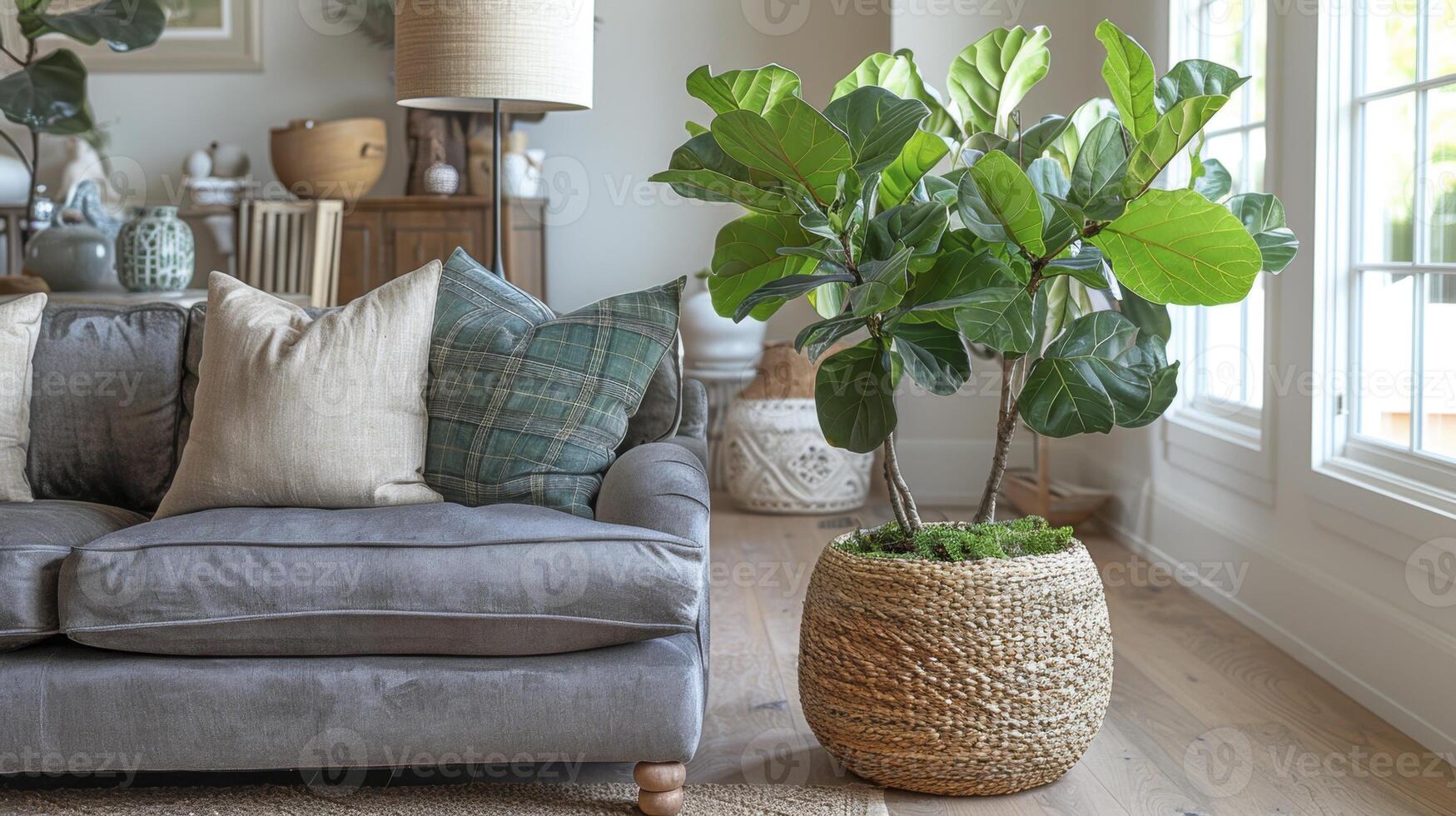 A Green Plant in a Wicker Basket on a Cozy Couch photo